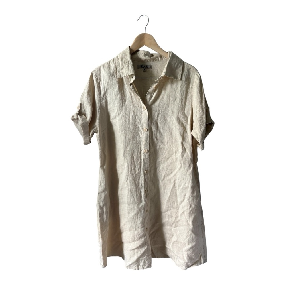 FLAX 100% Linen Short Sleeve Button Front Shirt Dress Khaki Tan size Medium